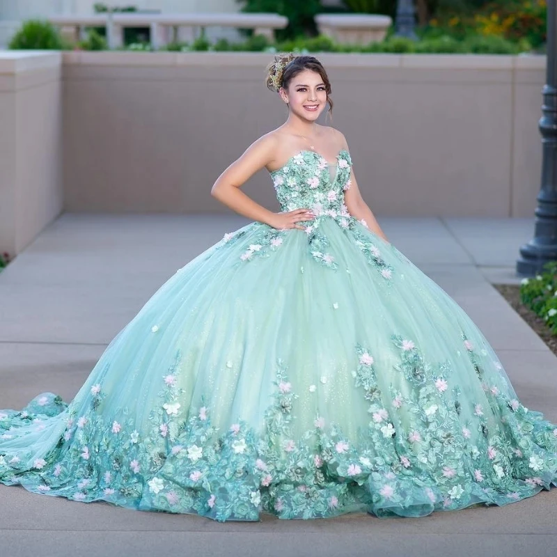 

Light Green Shiny Ball Gown Quinceanera Dresses Off The Shoulder Appliques Lace 3DFlower Beads Tull Vestido De 15 Anos Sweet 16