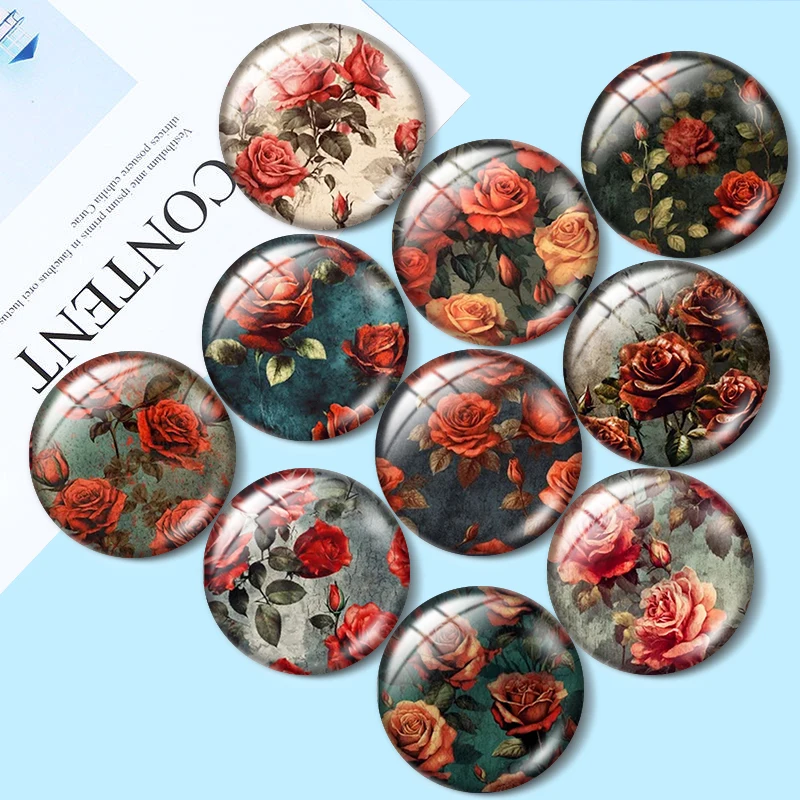 

Vintage Red Rose 10pcs 12mm/18mm/20mm/25mm Round photo glass cabochon demo flat back Making findings
