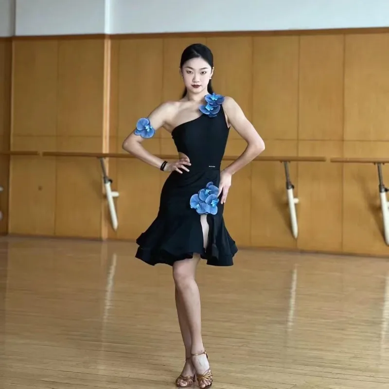 

New Style Latin Dance Standard Adult Top with Sleeveless Single Shoulder Design and Fishbone Skirt