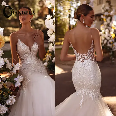 CHANDELA Sexy Woman Mermaid Wedding Dress Customized Spaghetti Straps V Neck Sequined Applique Sweep Train Bridal Customised