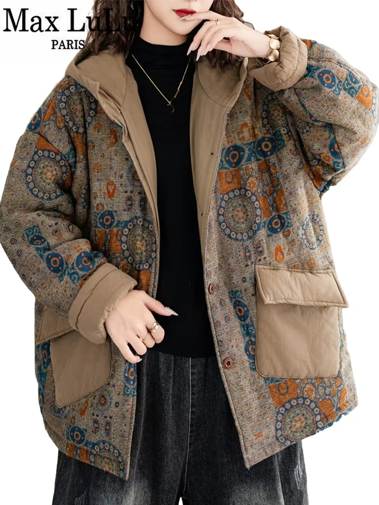 Max LuLu Zimowa odzież wierzchnia Womens Quilted Vintage Thicken Parkas Loose Casual Thicken Coats Warm Big Size Printed Hooded Jeackets