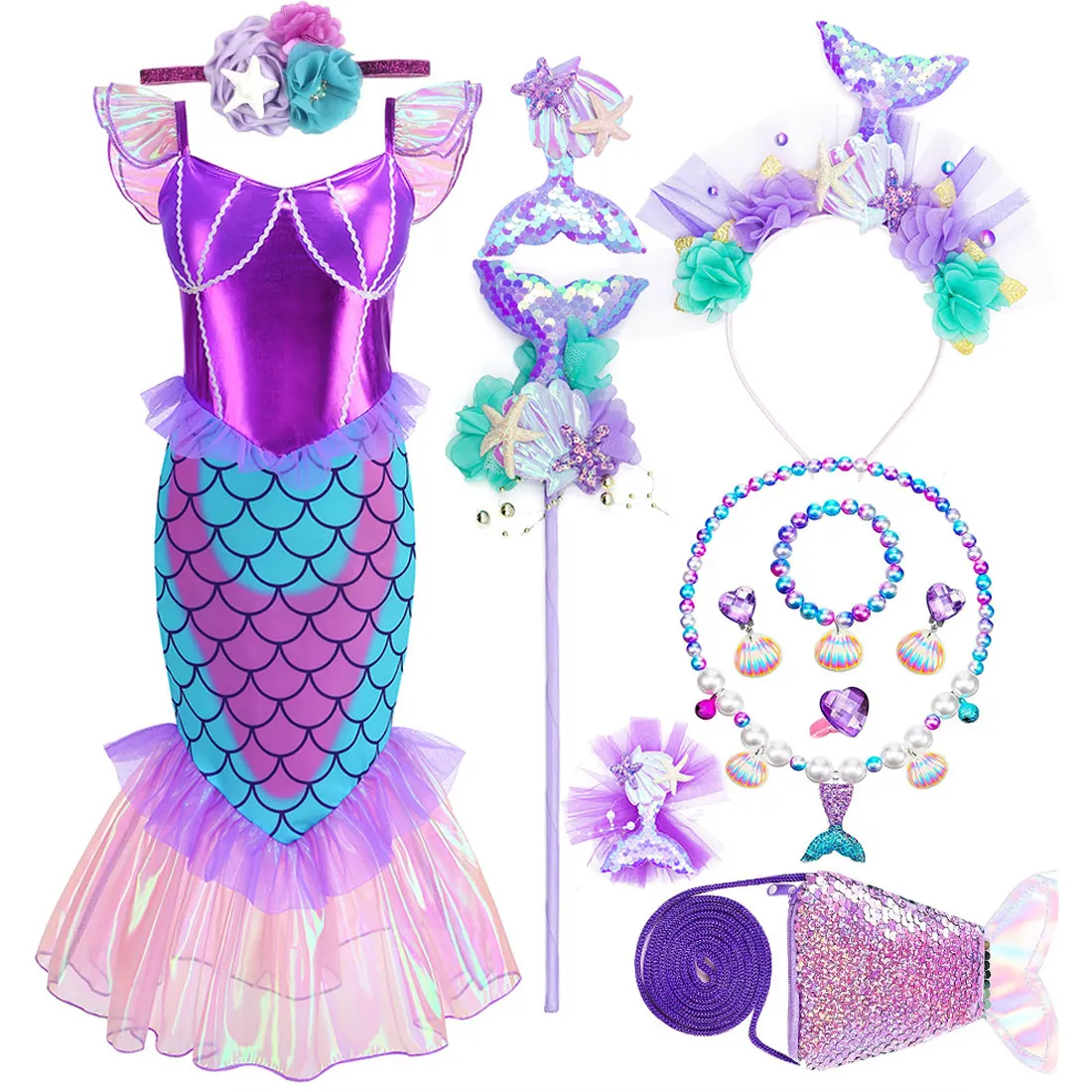 

Disney Summer Little Mermaid Ariel Princess Fishtail Swimsuit Girl Cosplay Mermaid Flying Sleeve Purple Cool Party Kid Dress Set