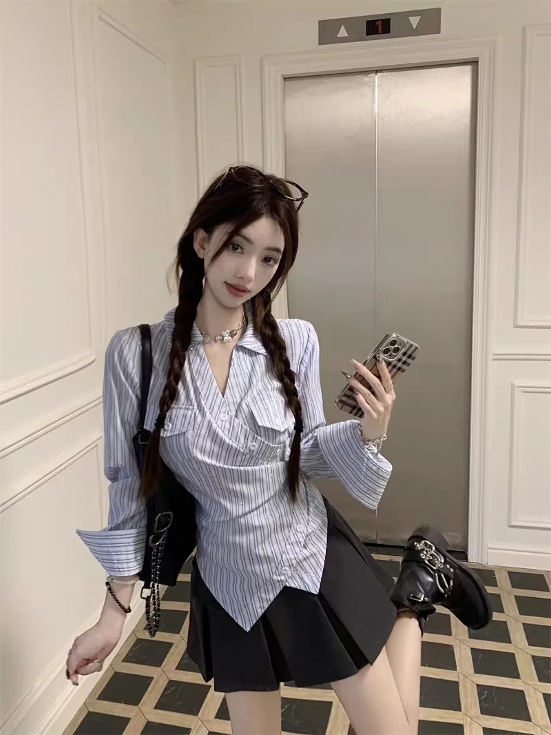 Early Autumn Korean Style College Wind Shirt Skirt Set Women Sweet And Spicy Girl Long Sleeve Pleated Short Skirt Two Piece Set