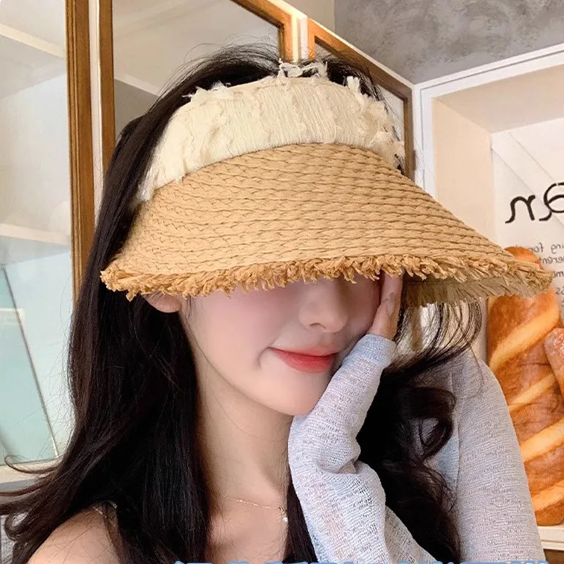 Womens Frayed Edge Wide Brim Straw Empty Top Sun Visor Hat Summer Beach Holiday Outdoor Uv Protection Sun Cap Fits 56-59cm Vario