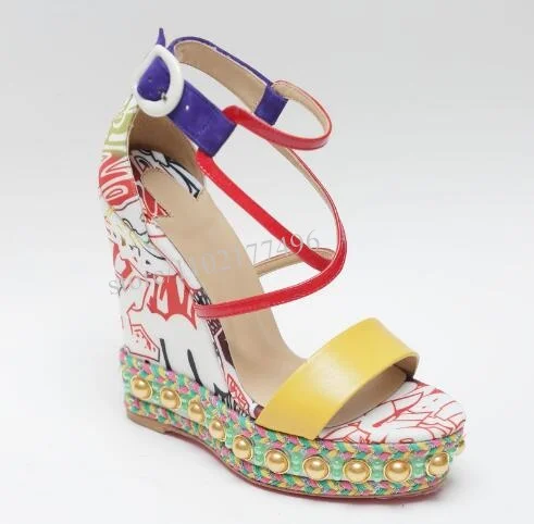 Graffiti Wedge Sandals Ethnic Flowers Metal Rivet Bordered Mixed Colors Slingback Round Ankle Lace Up Heels Women Fashion Shoes