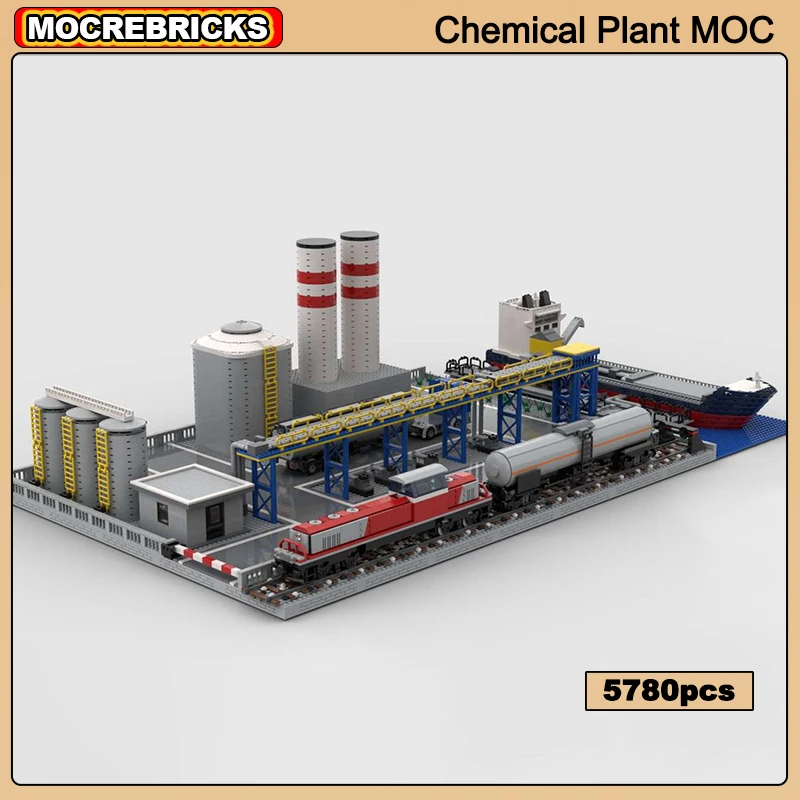 Widok ulicy miasta Roślina chemiczna MOC Architektura modułowa Fabryka Klocki Montaż Kolekcja Wyświetlacz Model Dziecięca zabawka z klocków