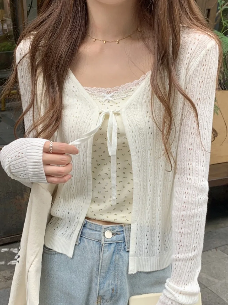 Coreano Sle scava fuori con cintura estiva in seta di ghiaccio sottile cardigan da donna allentato lavorato a maglia tuta sportiva anti UV V-Ne ort Sve Top