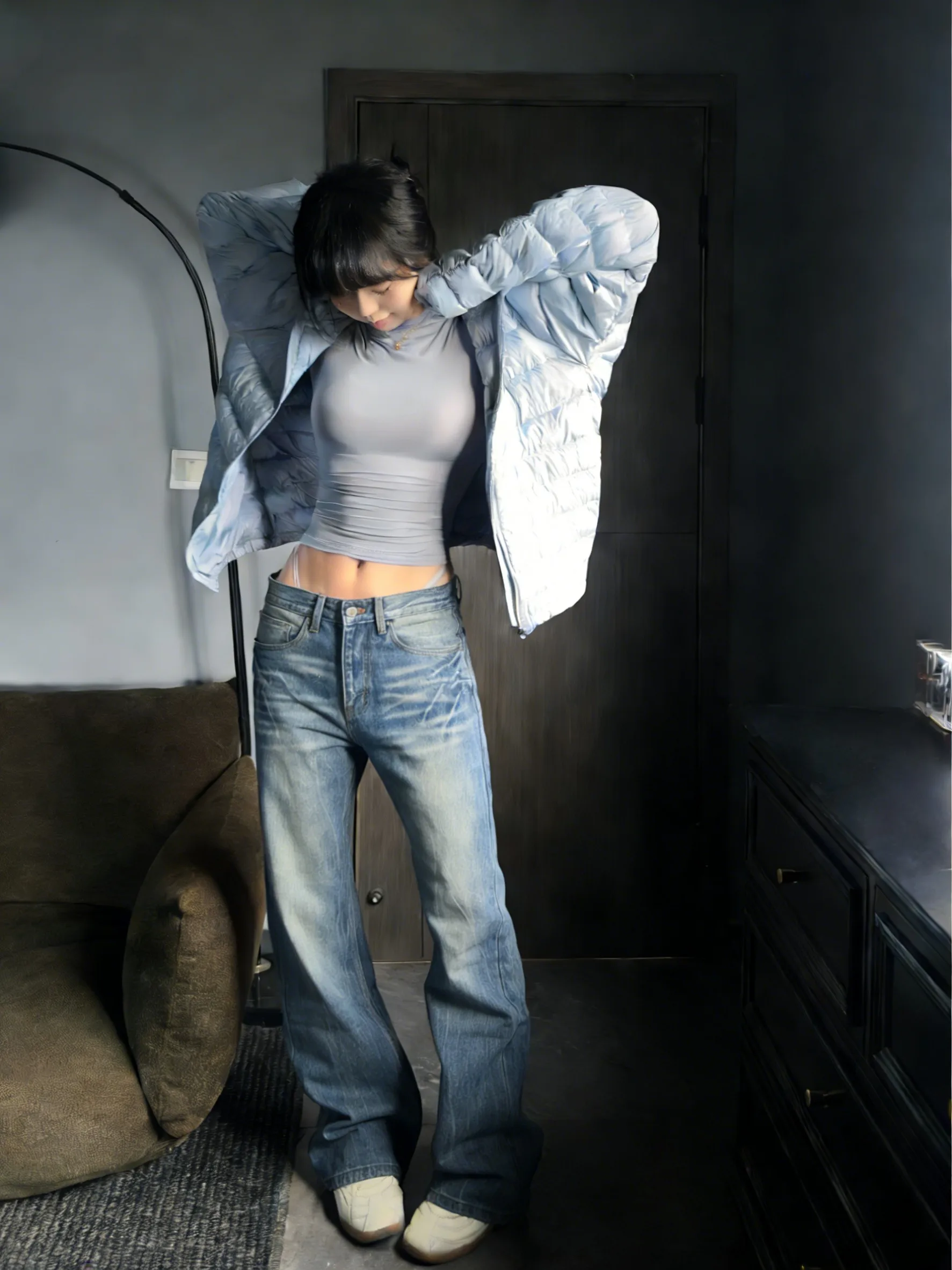 

Slim Fit Straight Leg Fce Lined Jeans Men Women Autumn Winter Faionable Bell Bot American Sle Jeans Youth