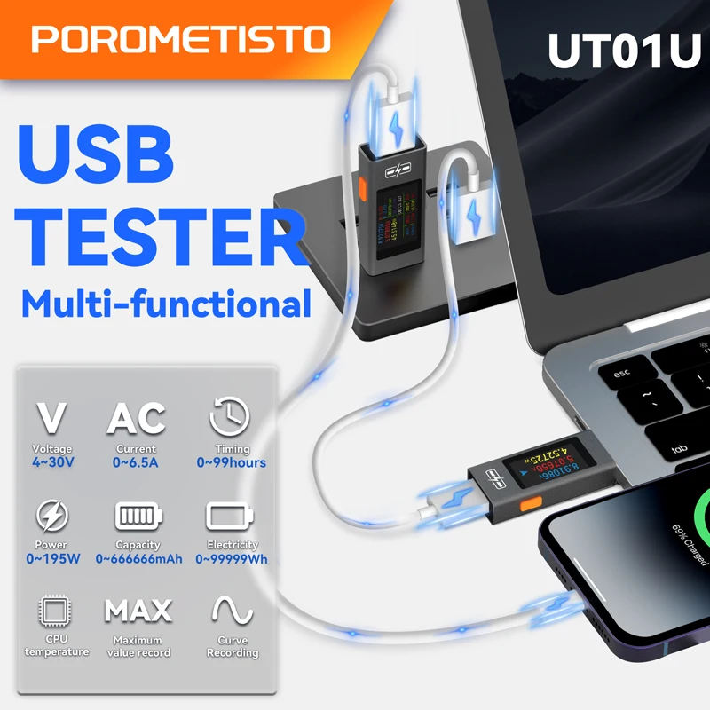 UT01U UT03C Digital Voltage Meters USB/Type-C Current Voltage Capacity Battery Tester Charger Capacity Tester Meter DC 4-30V