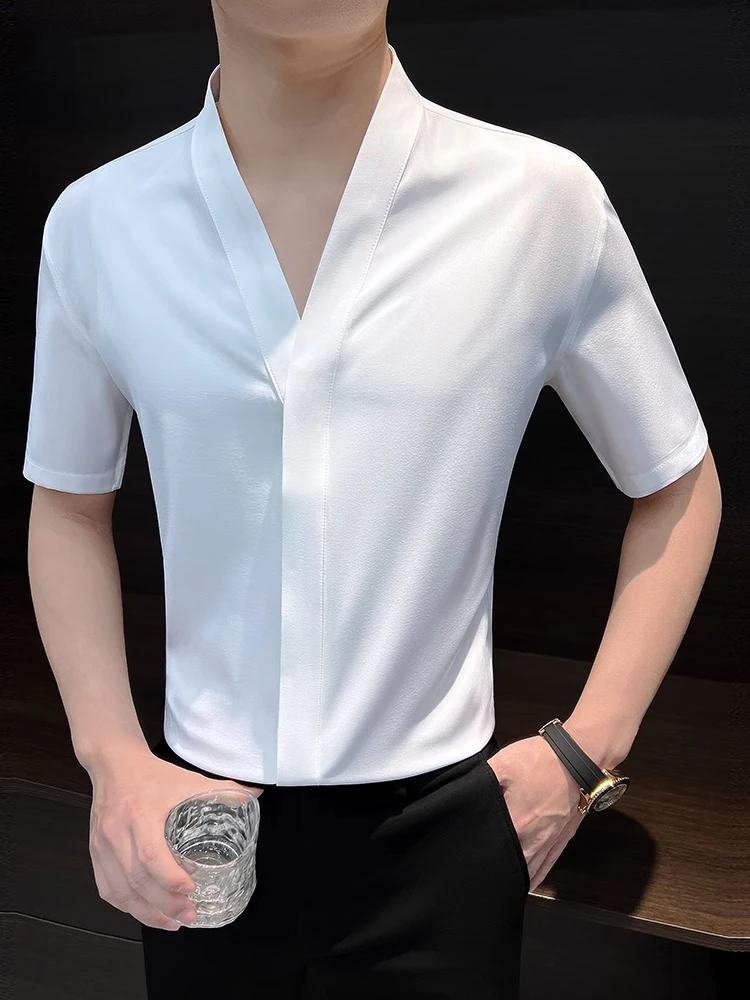 

Ice Silk Men's Shirt Short Sleeve Summer Thin Five-Quarter Sleeve Slim Fit Collarless Shirt Cool Feeling Standard Edition Pur...