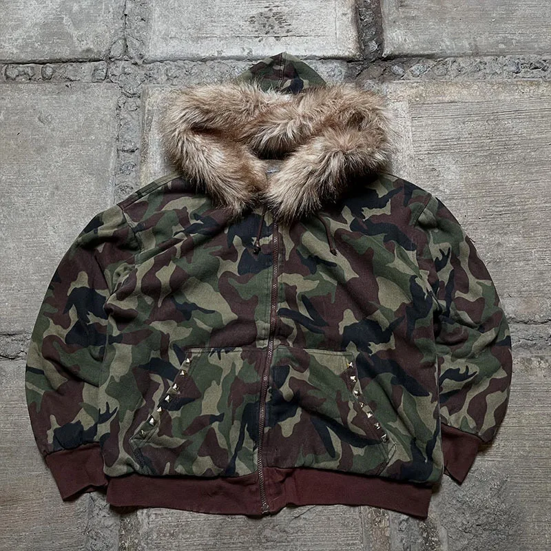 

Zipper long sleeved sweatshirt jacket, warm fur collar camouflage, American street fashion hooded, autumn and winter loose fit