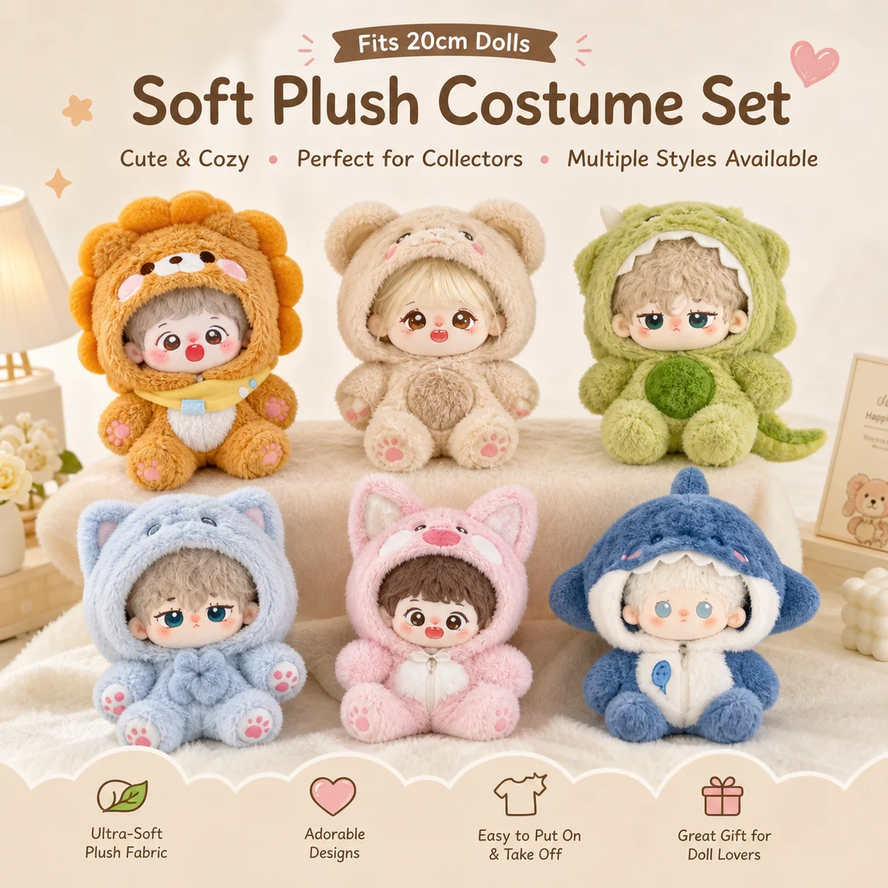 20cm Cotton Doll Clothes Set Cute Animal Series Hooded Rabbit Fur Jumpsuit Q Version Lion Bear Dinosaur Cat Pig Shark Outfits fo