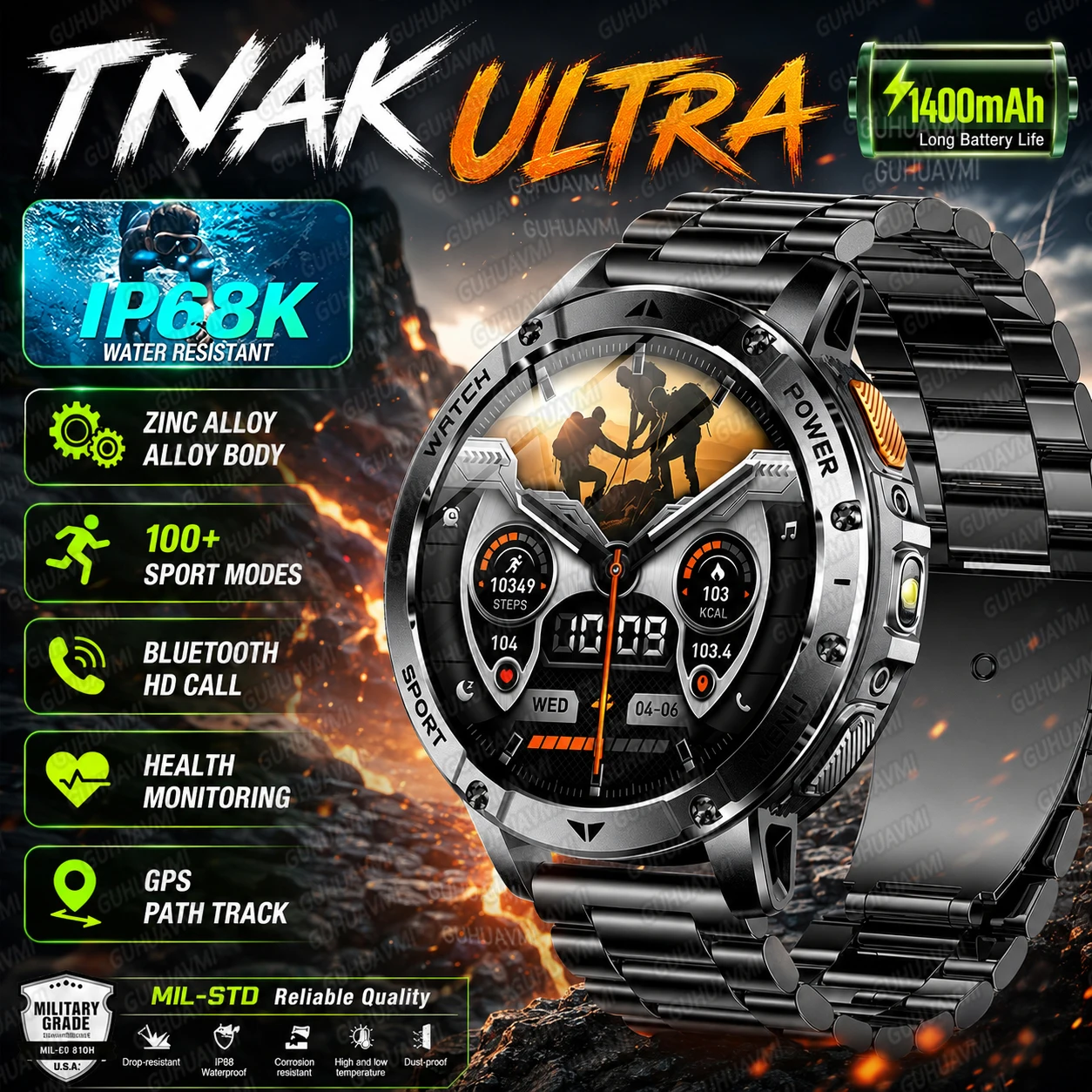 

2026 TANK Military 1400mAh Large Battery Smart Watch Men 1.7" AMOLED Screen IP68K Waterproof SOS Call LED Flashlight Smartwatchs