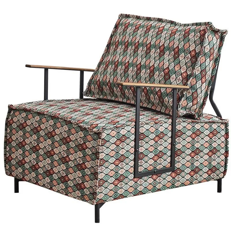 

Window plaid cotton and linen, living room single sofa chair for home use, casual wrought iron leg sofa chair, lazy sofa is