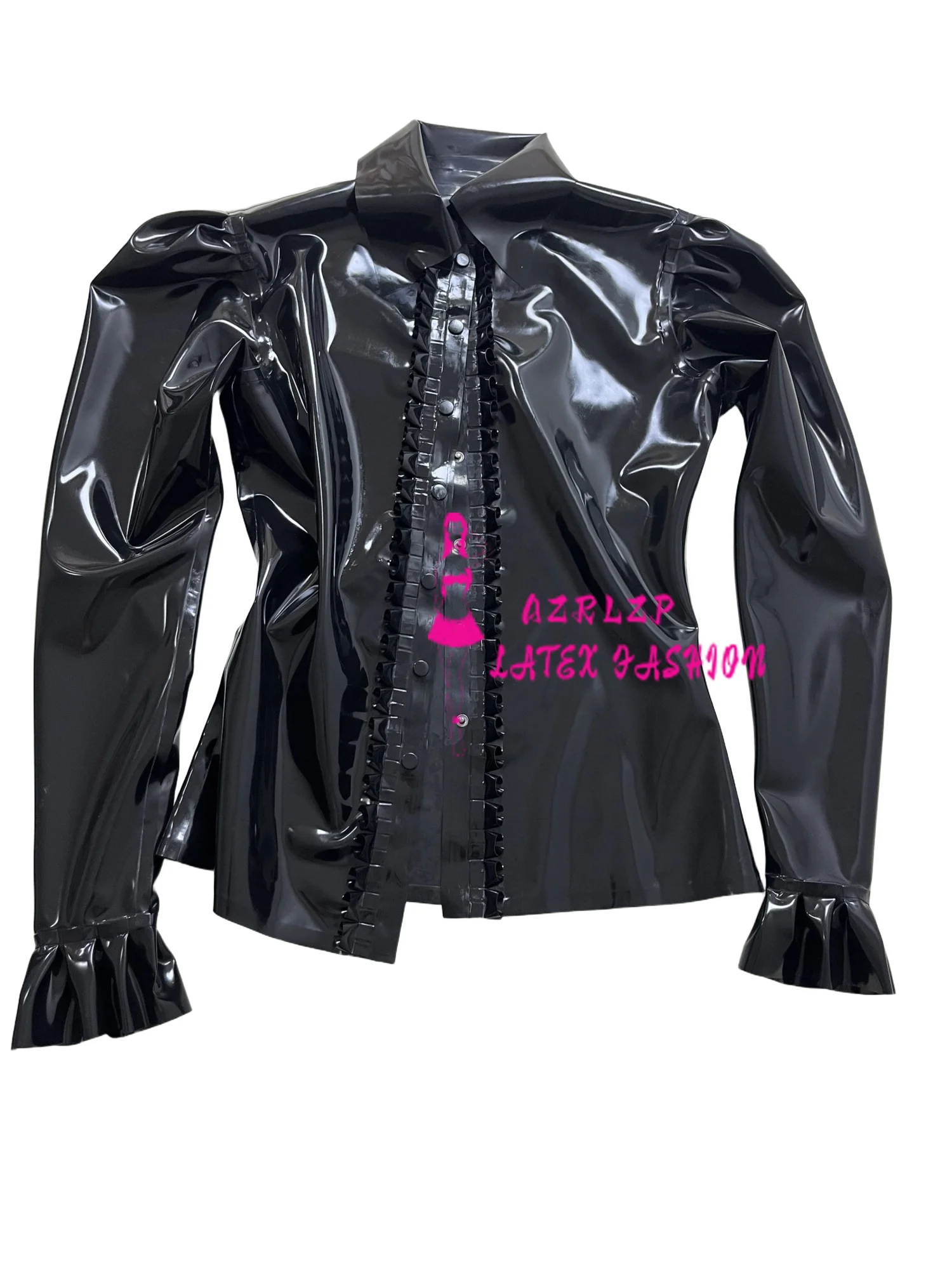 

Women's Latex Shirt Rubber Lapel Puff Long Sleeve Ruffle Slim Fit Top Jacket