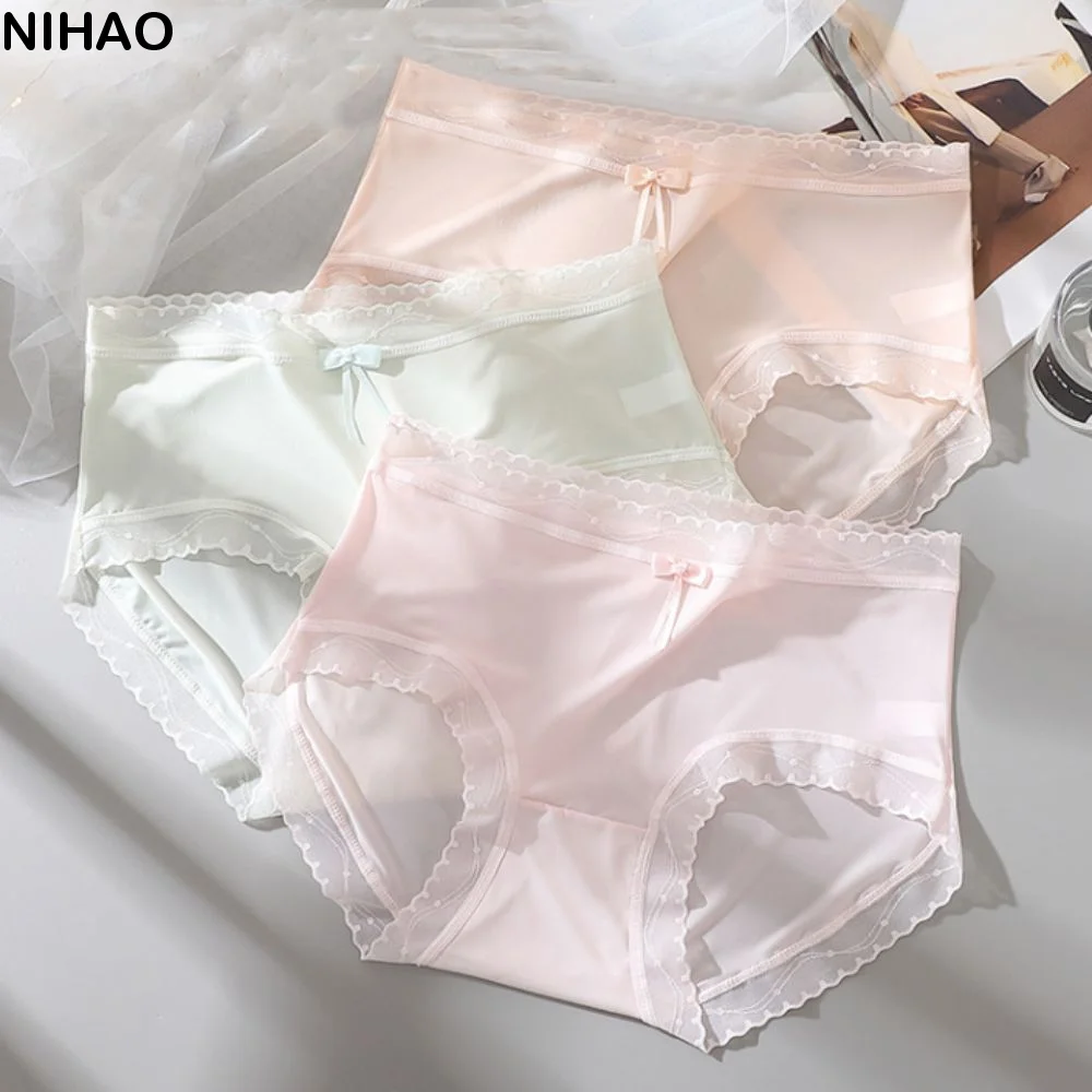 

5PCS Sweet Bow Ice Silk Panties Mid Waist Cotton Crotch Mesh Transparent Briefs Underpants Seamless Underwear for Women Gifts
