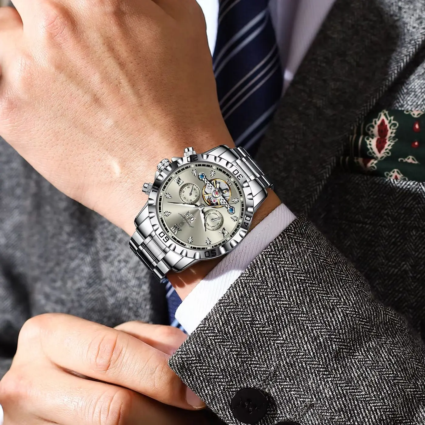 POEDAGAR Top Fashion Automatic Men Watch Date Week Man Clock Hollow Tourbillon Mechanical Stainless Steel Business Men's Watches view 5