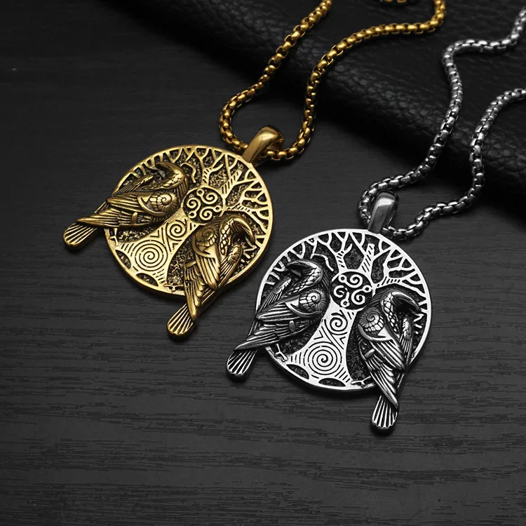 Fashion Vintage Viking Odin Double Ravens Necklace Stainless Steel Nordic Tree of Life Pendant for Men Amulet Jewelry Necklace