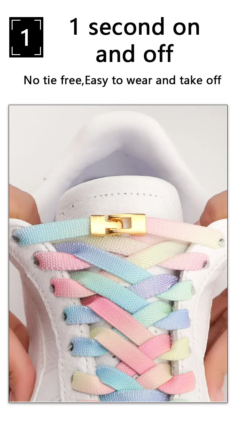 1 Paar flache Schnürsenkel mit Regenbogen-Farbverlauf und Metallschnalle, elastische Schnürsenkel ohne Binden für Sneaker, Schuhzubehör – Detail 3