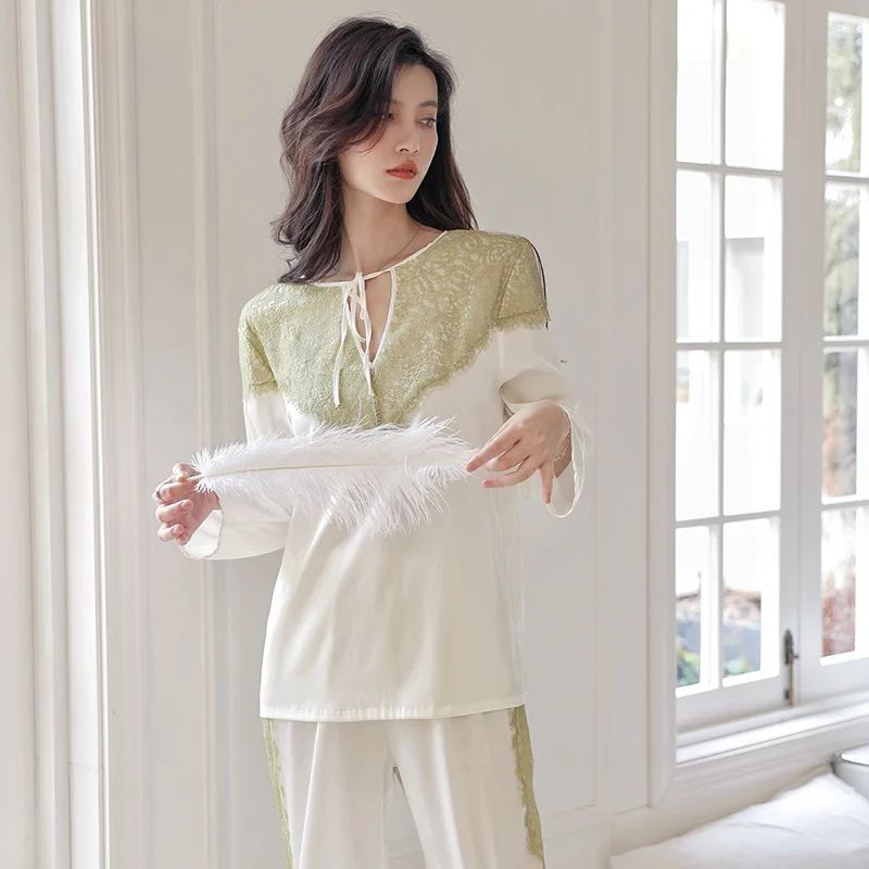 SXTHAENOO Fashion Loose Lace Sleepwear Long Sleeve Clothes Homewear Cute Pajamas for Women Warm Spring Green White Pajama Sets