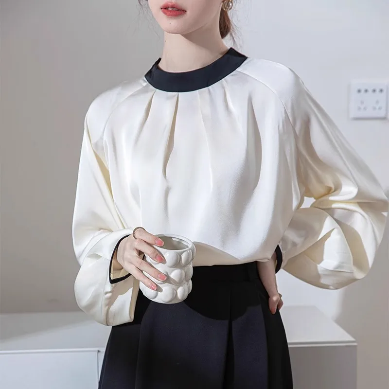 

Autumn New Gentle Knot Long Sve irt Women's Color Blo Stand Collar Ba Strap Overhead Top Korean Sle Loos...