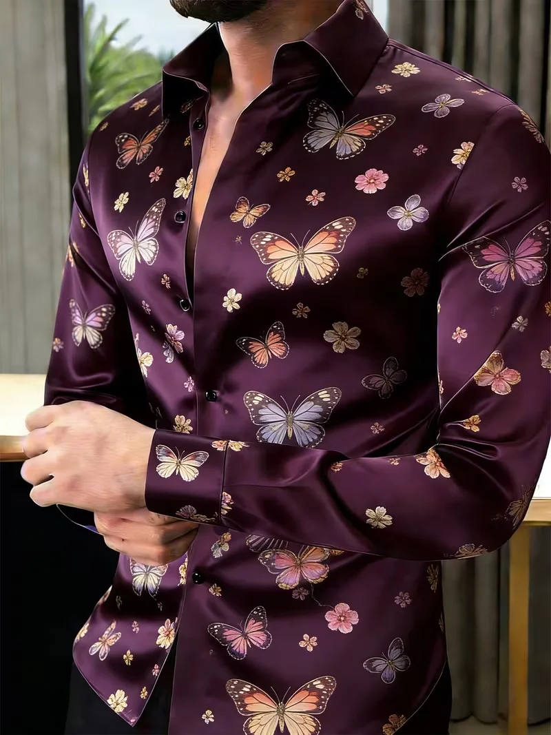 New Ethnic Style Paisley Striped Satin Long Sleeved Shirt with a Smooth Drape and Satin Collar for Men's Casual Top