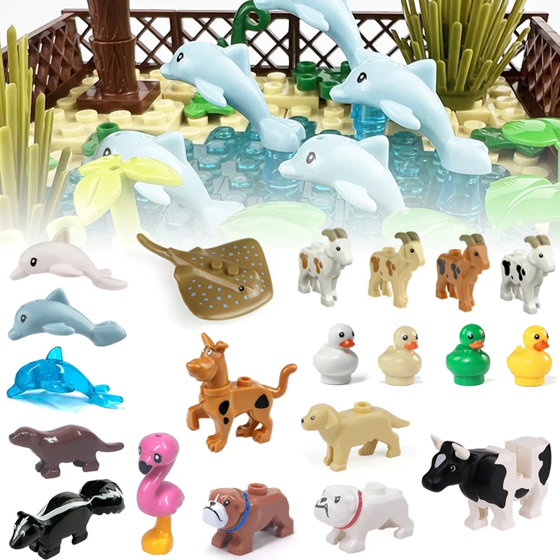 Farm Ocean Animal MOC Compatible With LEGO Building Blocks Zoo Bricks Toys New Cow Flamingo Otter Squirrel Golden Dog Goat Duck