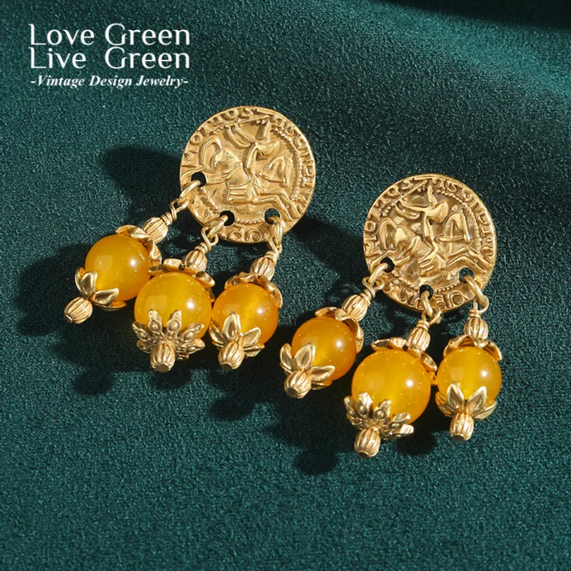

Vintage Yellow Natural Stone Drop Earring Antique Gold Color Ancient Coin Jewelry Luxury Designer Christmas Decoration For Women