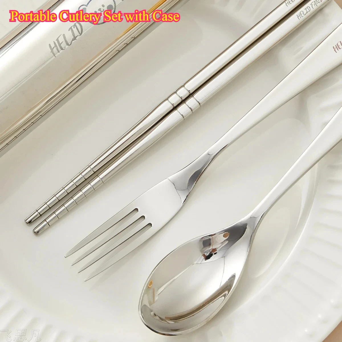 Portable Cutlery Set with Case - 304 Stainless Steel Fork, Spoon & Chopsticks, Pull-Out Camping Tableware