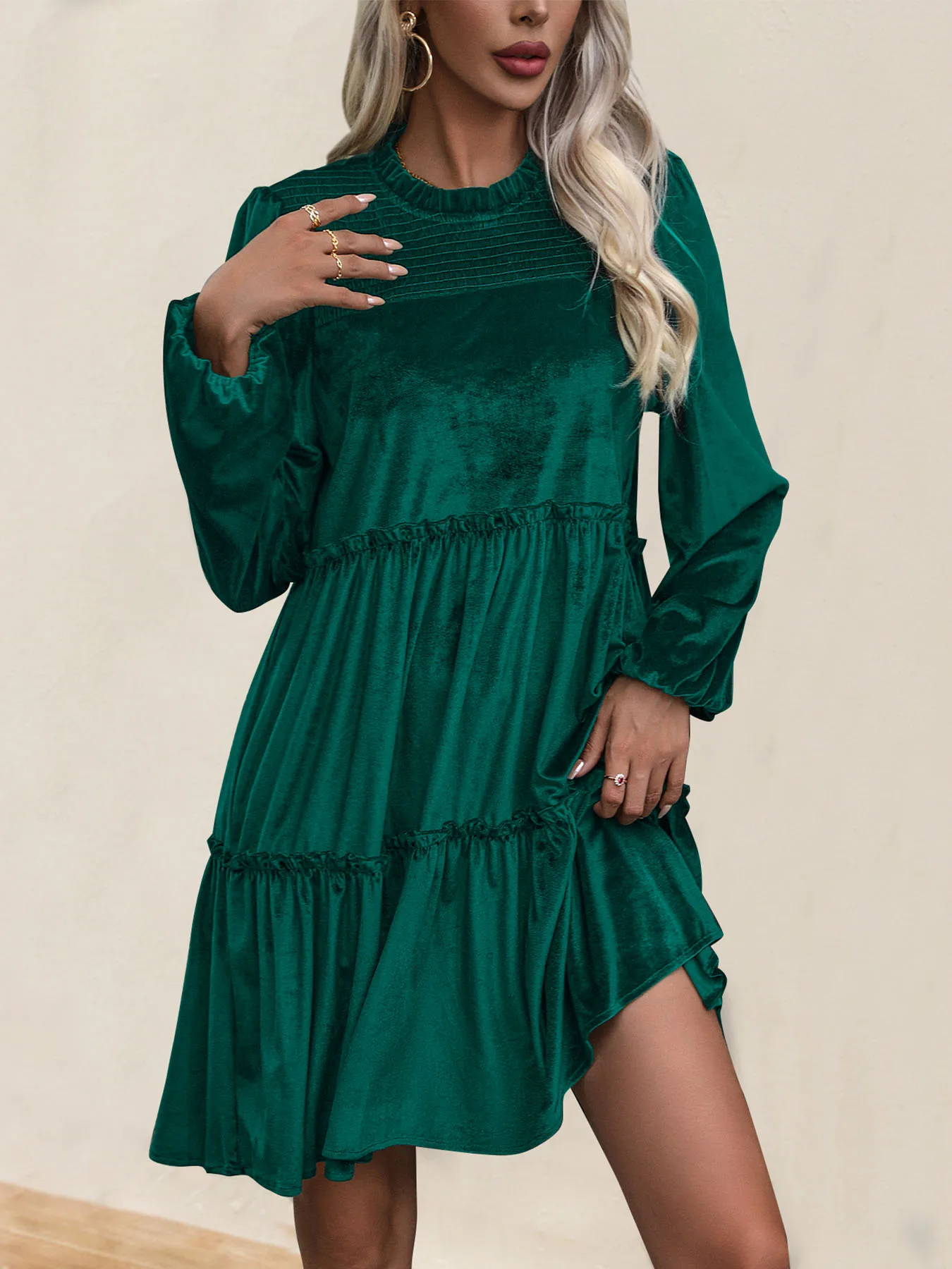 JIM & Km A-Robe monochromatique à manches longues pour femme, jupe en velours vert foncé, bord à volants, portefeuille de jeu, transfrontalier, nouveau
