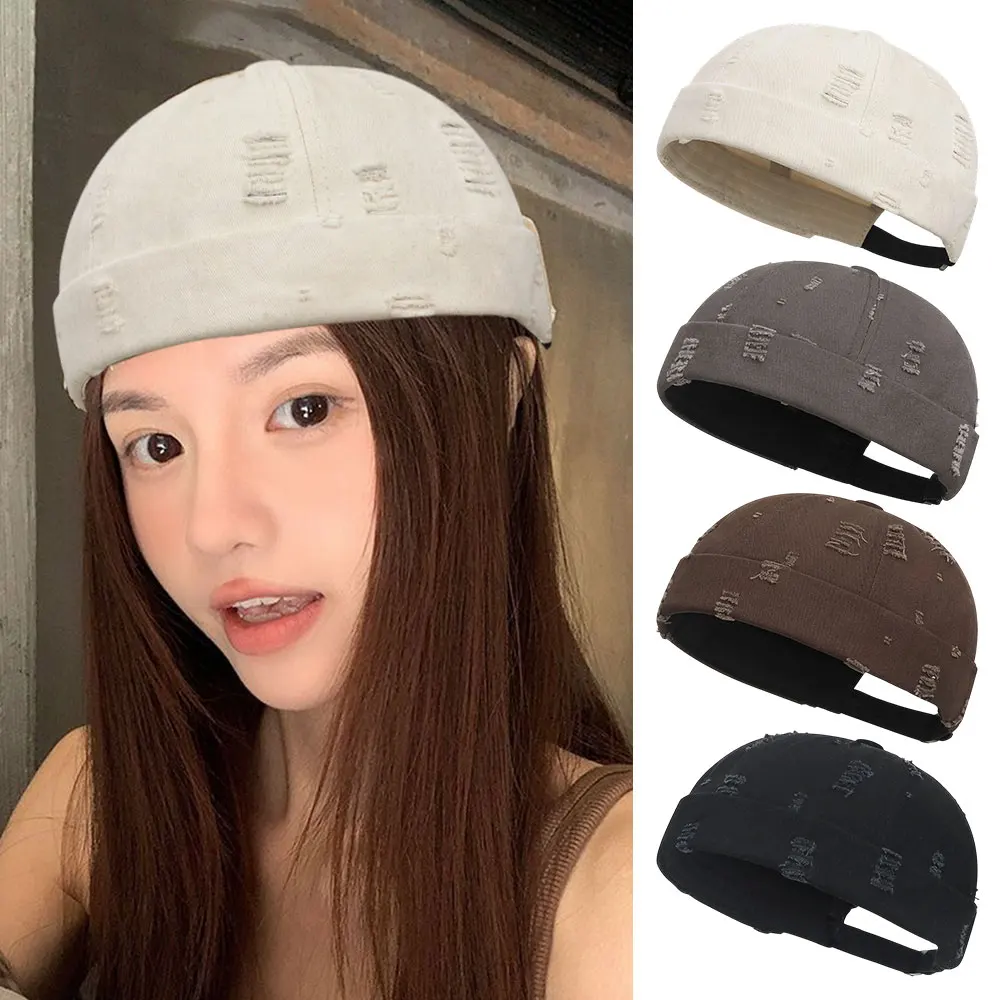 

Broken Vintage Without Visor Brimless Cap Fisherman Beanies Hat Melon Cap Riped Hole Solid Color Docker Hat Casual Landlord Hat