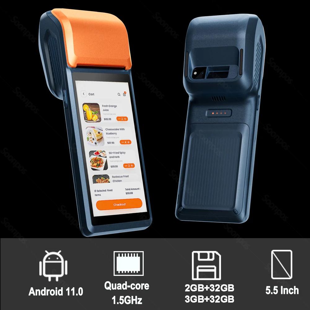 Soonpos 4G+64G Android 11 PDA Handheld POS Terminal With 58mm Thermal Printer 4G Bluetooth WiFi GPS 5.5 Inch Touch Screen NFC 2D