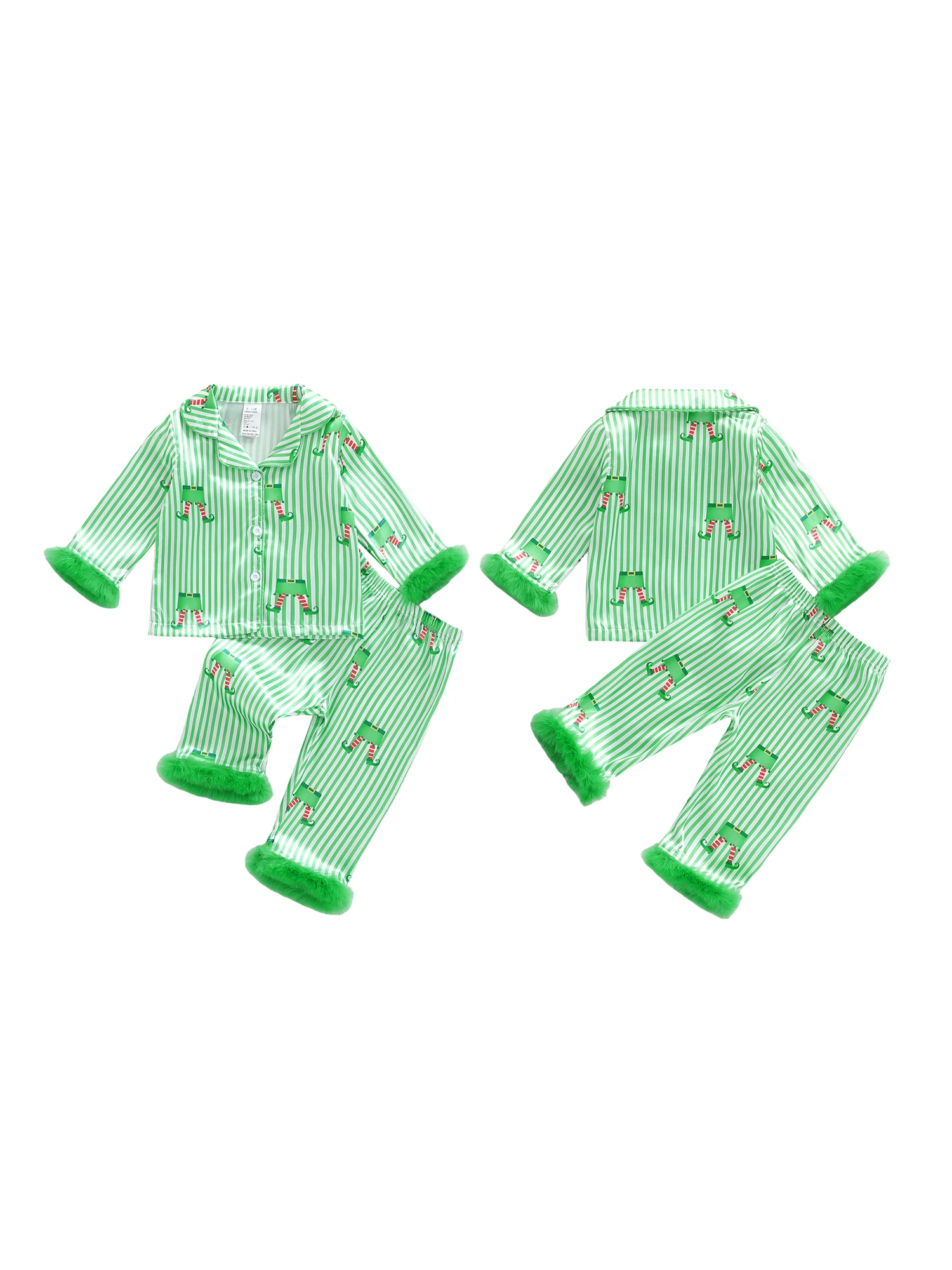 

Children s Girls Holiday Pajama Set with Festive Feather Trim Striped Button-Up Shirt and Cozy Elastic Waist Pants for