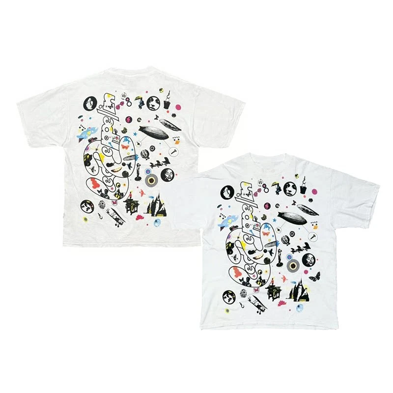Y2k LED ZEPPELIN Multi-color White Light Winter Retro Pattern Printed American Cotton Short-Sleeved T-Shirt for Men