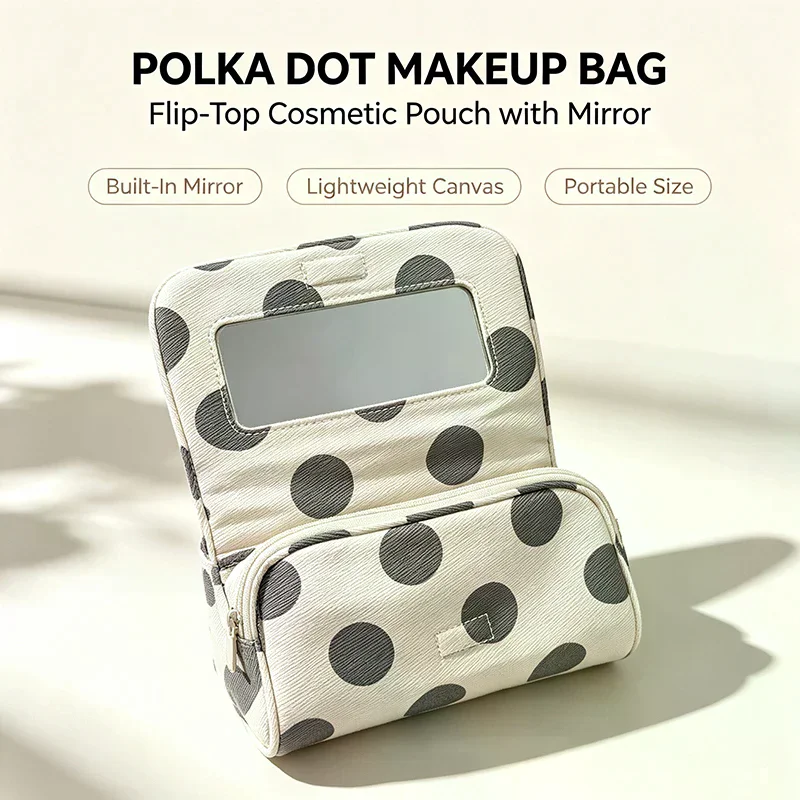 Portable Canvas Polka Dot Cosmetic Bag Stripe With Makeup Mirror Small Item Bag Multifunctional Simple Canvas Makeup Bag Travel
