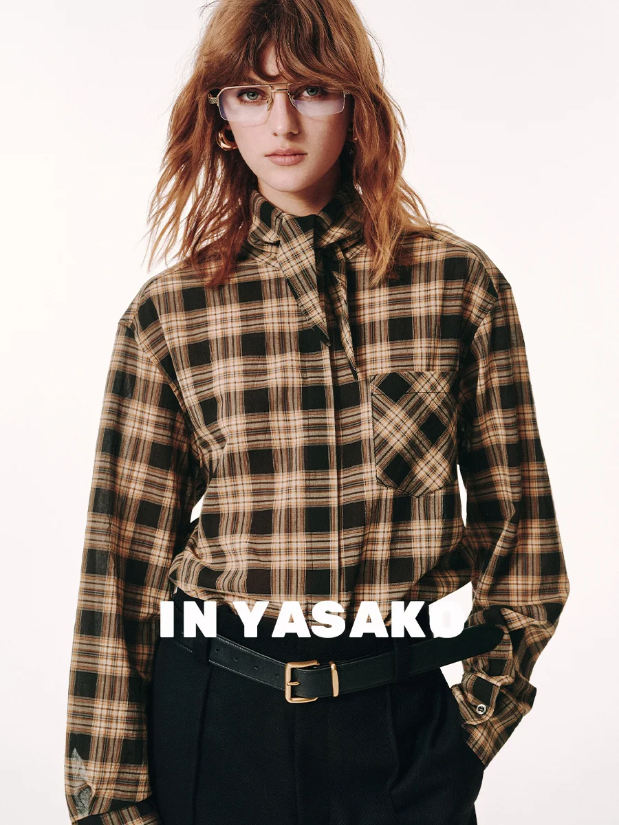 

Ретро-рубашка в клетку YASAKO Coffee Corner, приталенный дизайн, хлопок, длинный рукав, на пуговицах, прямой крой, антистатическая, для молодых женщин