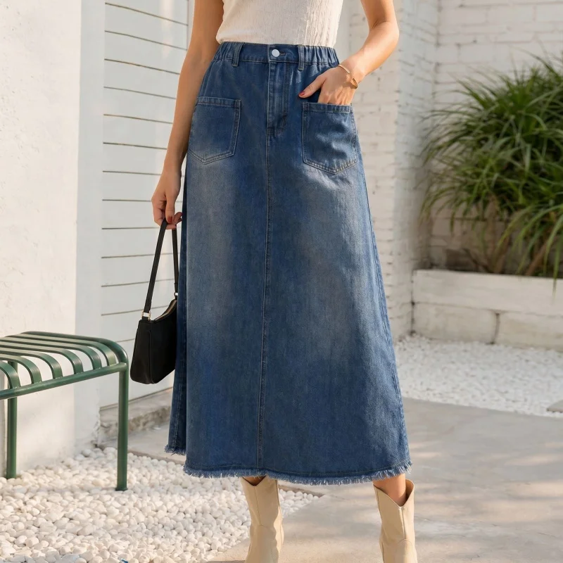 Slim Fit Versatile Street Skirt with Double Pockets Elastic Waistband And Frayed Hem for Women Casual Washed Skirt