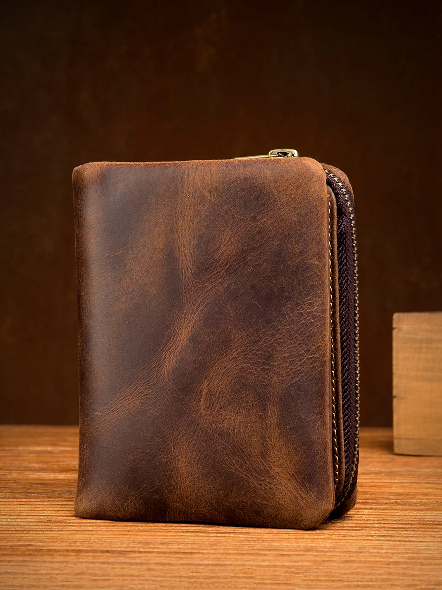 

Fashion Handmade Crazy Horse Leather Wallet Retro Vertical Zipper Wallet First layer cowhide simple old wallet man