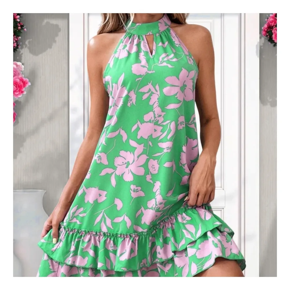 

Women Short Printed Dresses 2025 Summer New Sleeveless Cold Shoulder Halter Dress Female Elegant Sexy Casual Beach Lady Vestidos