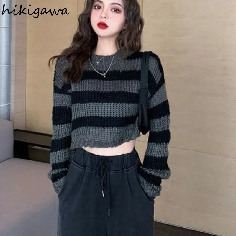 

Sueter Mujer Vintage Knitting Cropped Pullovers Women Clothes O-neck Long Sleeve Casual Fashion Jumper Striped Y2k Sweater Tops