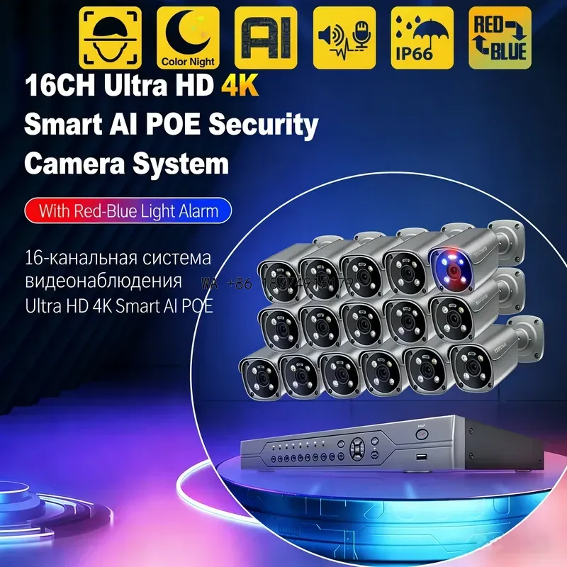wmwmnu Techage 4K 16CH 8MP 5MP PoE System H.265 Face Human Detect 2-way Audio Colorful Night CCTV Security