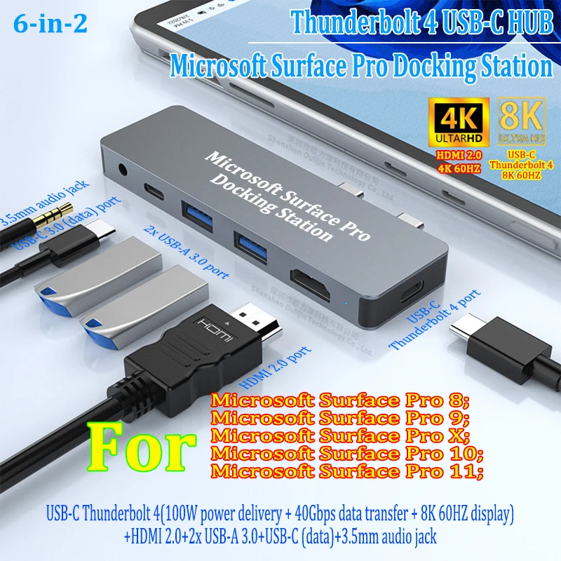 Surface Pro 11/10/X/9/8 Dock with Thunderbolt 4+4K HDMI+USB 3.0 A&C(Data)+3.5mm jack,Dual USB C Hub for Surface Pro 11/10/X/9/8