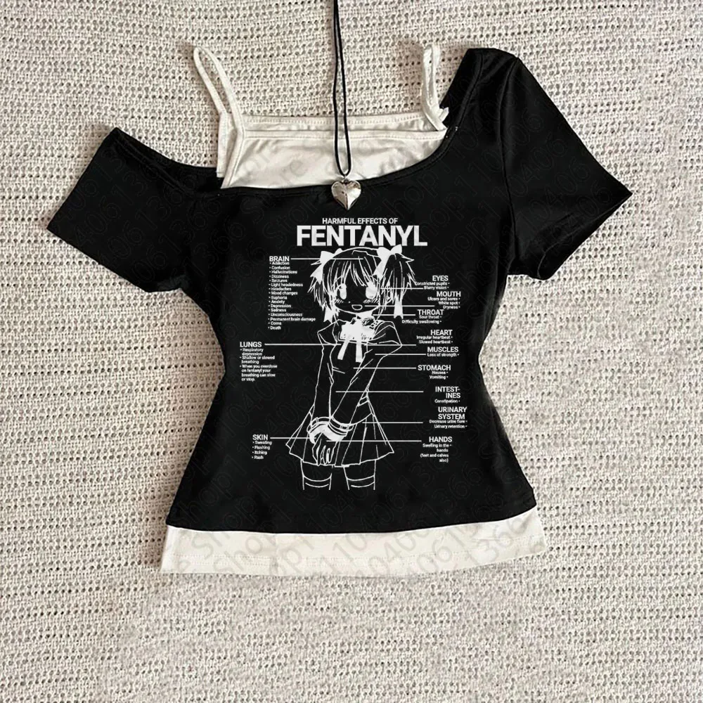 Cute and sweet cartoon pattern Y2K spicy girl T-shirt with exposed navel clothing Y2K women's top sexy Gothic suspender EMO girl