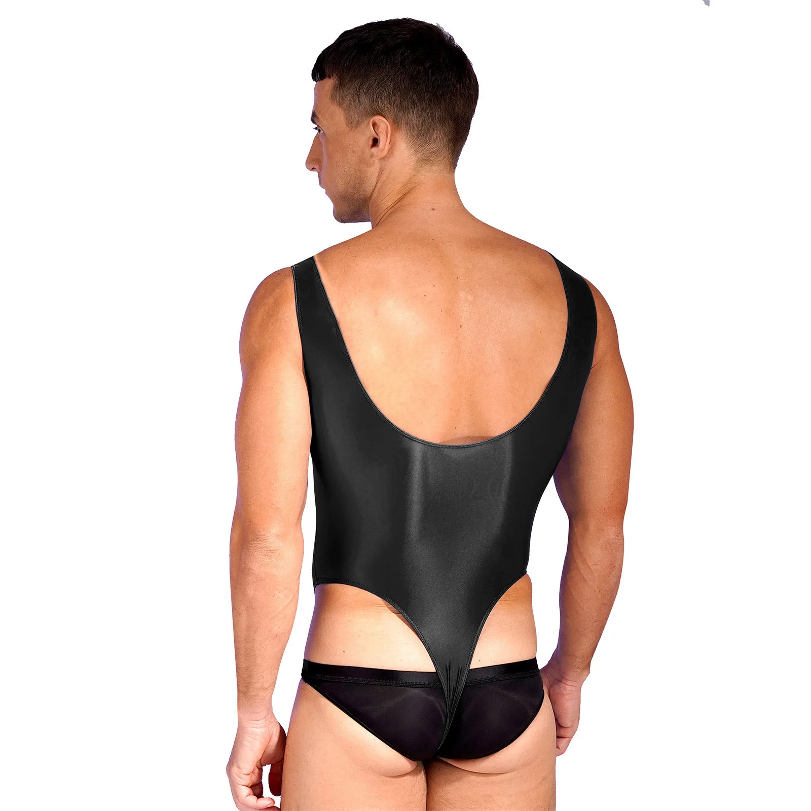 Mens Glossy Silky Sheer Bodysuit High Cut Thongs Leotard One-piece Sleeveless Swimsuit for Yoga Sports Fitness Swimming Party