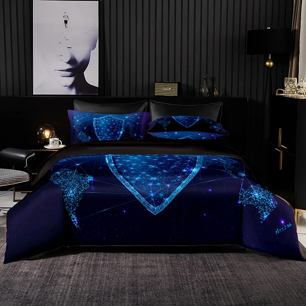 Romantic Euro Bedding Set 2/3Pcs,Dark Purple Duvet Cover with Pillowcase,Blue Different Square Pattern for Queen King Full Size