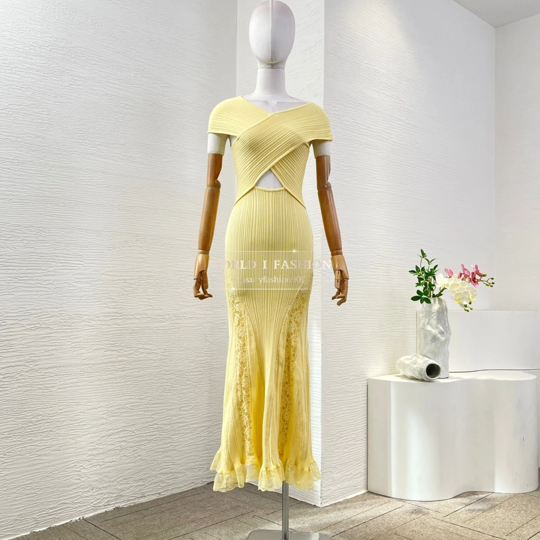 

Woman Clothing Yellow Sleeveless Lace Patchwork Ruffles Frilled Pleat Mermaid Fishtail Midi Dress