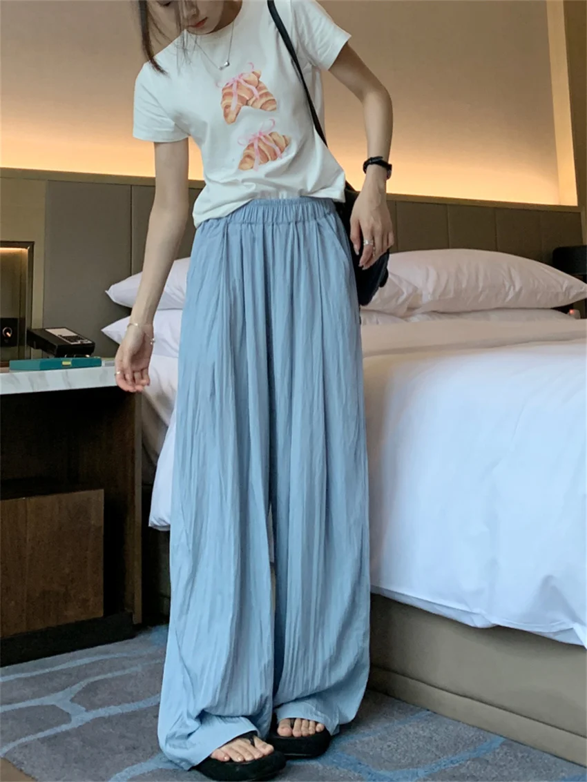 PLAMTEE Solid Summer Trousers Chic Loose Wide Leg Minimalist 2024 Office Lady High Waist Sunscreen Streetwear Casual New Pants