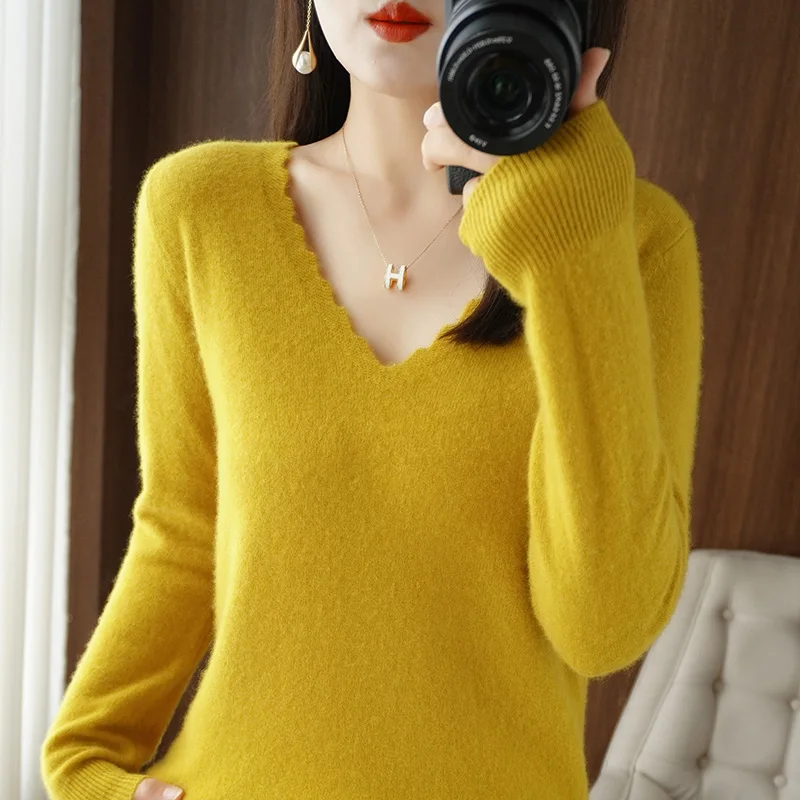 Women's Pullover Spring/Autumn Wool Sweater Casual Solid Color Knitwear Ladies' Clothes V-Neck Blouse Loose Tops