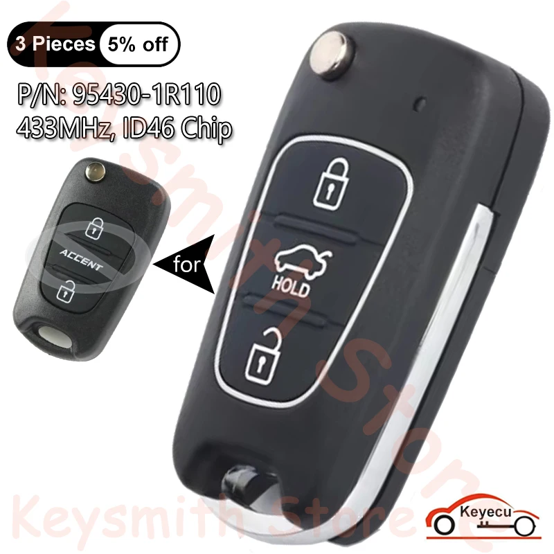 

KEYECU 3 кнопки 433 МГц ID46 чип для Hyundai Accent 2010 2011 2012 2013 Автоматический обновленный флип-пульт дистанционного управления 95430-1R110