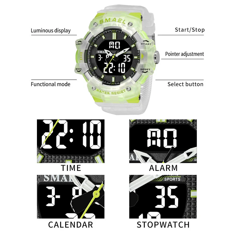 SMAEL Green Sport Digital Watch for Men Waterproof Dual Time Display Backlight Chronograph Quarz Wristwatch with Auto Date Week